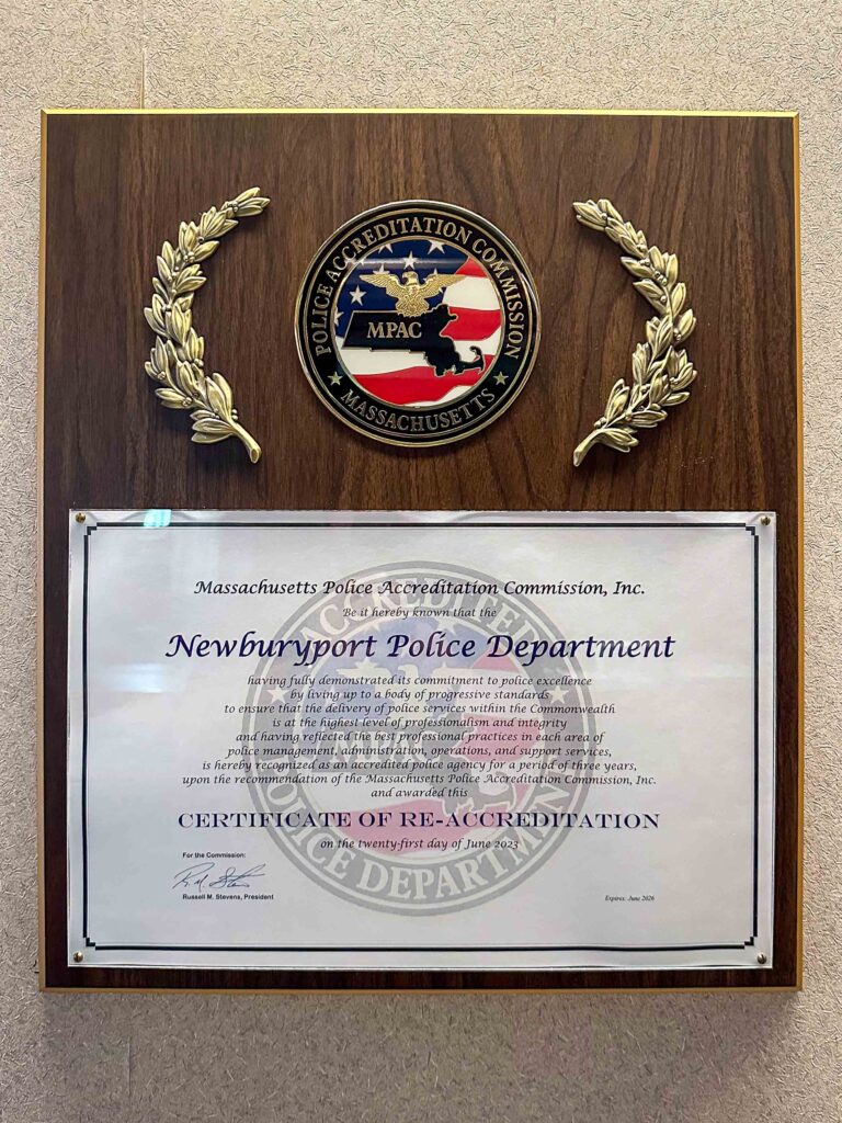 Newburyport Accreditation plaque.