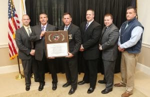 From left to right: Hamilton Police Chief and Massachusetts Police Accreditation Commission (MPAC) Vice President Russell Stevens, Newburyport City Marshal Mark Murray, Duxbury Police Chief and MPAC President Matthew M. Clancy, Newburyport Lt. Matthew Simons, Sgt. Gregory Whitney and Inspector Chris McDonald (Courtesy Photo)
